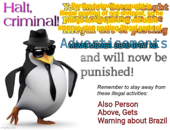 Halt, criminal! You’re caught posting advertisement | Person below has caught in illegal posting of not-shitpost, so he will go to AAA jail if he will didn't stop, so stop posting illegal parts of; MSMG MEMER  DEAD CHAT XD; Also Person Above, Gets Warning about Brazil | image tagged in halt criminal you re caught posting advertisement | made w/ Imgflip meme maker