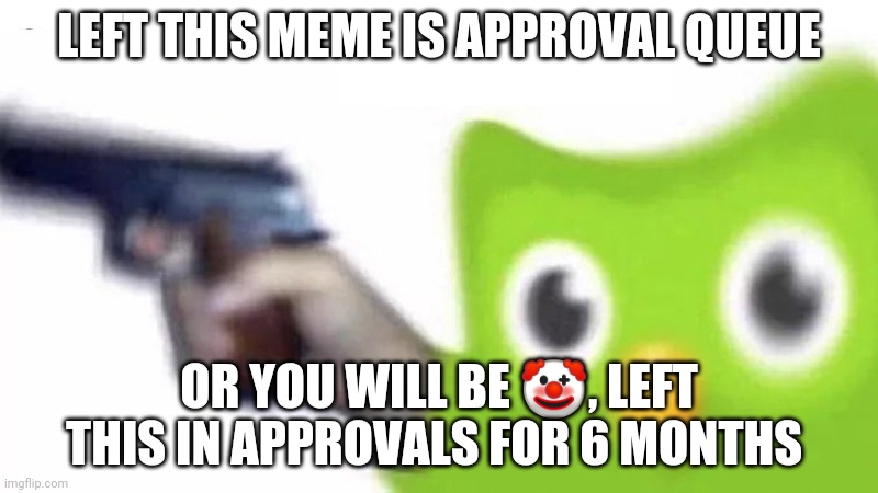duolingo gun | LEFT THIS MEME IS APPROVAL QUEUE; OR YOU WILL BE 🤡, LEFT THIS IN APPROVALS FOR 6 MONTHS | image tagged in duolingo gun | made w/ Imgflip meme maker