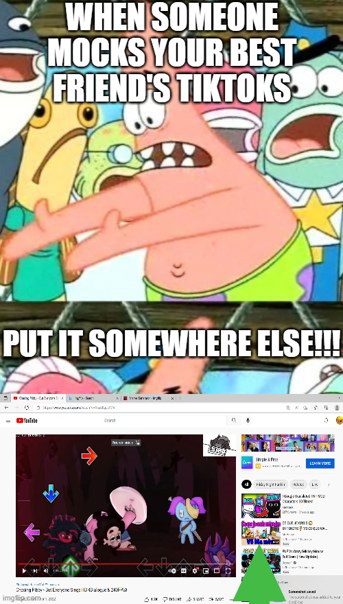 Oh no | WHEN SOMEONE MOCKS YOUR BEST FRIEND'S TIKTOKS; PUT IT SOMEWHERE ELSE!!! | image tagged in memes,put it somewhere else patrick | made w/ Imgflip meme maker