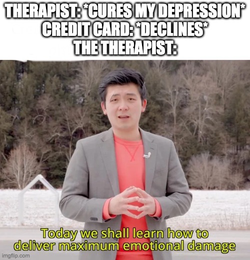 Today we will learn how to deal maximum emotional damage | THERAPIST: *CURES MY DEPRESSION*
CREDIT CARD: *DECLINES*
THE THERAPIST: | image tagged in today we will learn how to deal maximum emotional damage | made w/ Imgflip meme maker