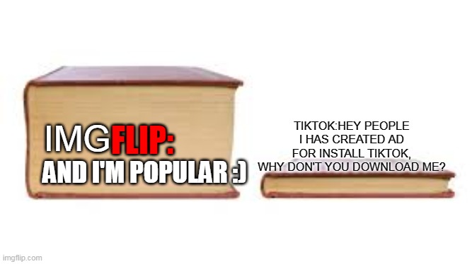IMGFLIP IS MY LIFEEEEEEEEEEEEEEEEEEEEEEEEE | TIKTOK:HEY PEOPLE I HAS CREATED AD FOR INSTALL TIKTOK, WHY DON'T YOU DOWNLOAD ME? FLIP:; IMG; AND I'M POPULAR :) | image tagged in big book small book,imgflip,funny memes,funny | made w/ Imgflip meme maker