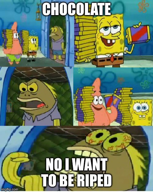 Chocolate Spongebob |  CHOCOLATE; NO, I WANT TO BE RIPED | image tagged in memes,chocolate spongebob | made w/ Imgflip meme maker