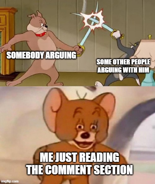 Tom and Jerry swordfight | SOMEBODY ARGUING SOME OTHER PEOPLE ARGUING WITH HIM ME JUST READING THE COMMENT SECTION | image tagged in tom and jerry swordfight | made w/ Imgflip meme maker