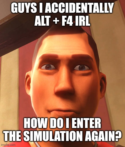 also when will the next real life update drop? | GUYS I ACCIDENTALLY ALT + F4 IRL; HOW DO I ENTER THE SIMULATION AGAIN? | image tagged in s | made w/ Imgflip meme maker