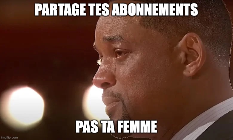 Will Smith Crying | PARTAGE TES ABONNEMENTS; PAS TA FEMME | image tagged in will smith crying | made w/ Imgflip meme maker