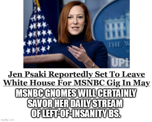 Will we miss a gingerless WH press room? Naaa. | MSNBC GNOMES WILL CERTAINLY
SAVOR HER DAILY STREAM 
OF LEFT-OF-INSANITY BS. | image tagged in memes,politics | made w/ Imgflip meme maker