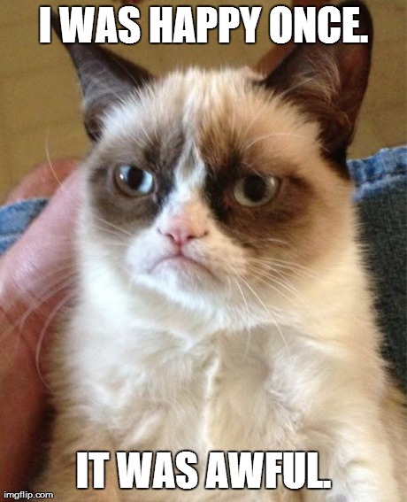 Grumpy Cat Meme | I WAS HAPPY ONCE. IT WAS AWFUL. | image tagged in memes,grumpy cat | made w/ Imgflip meme maker