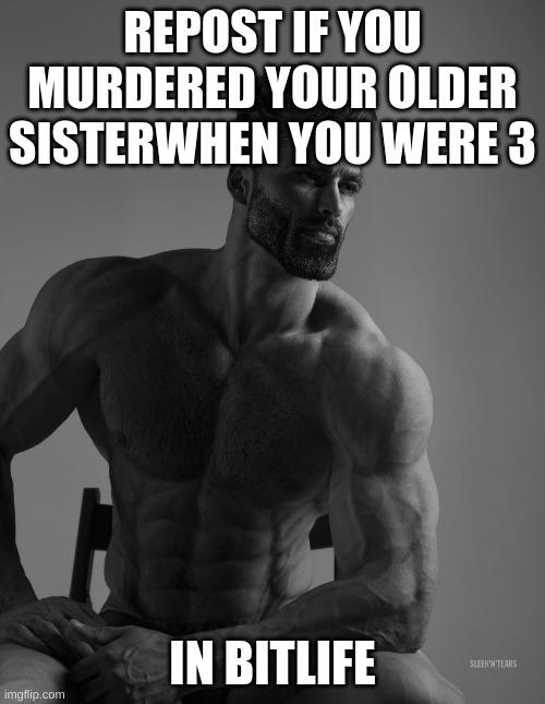 Giga Chad | REPOST IF YOU MURDERED YOUR OLDER SISTERWHEN YOU WERE 3; IN BITLIFE | image tagged in giga chad | made w/ Imgflip meme maker