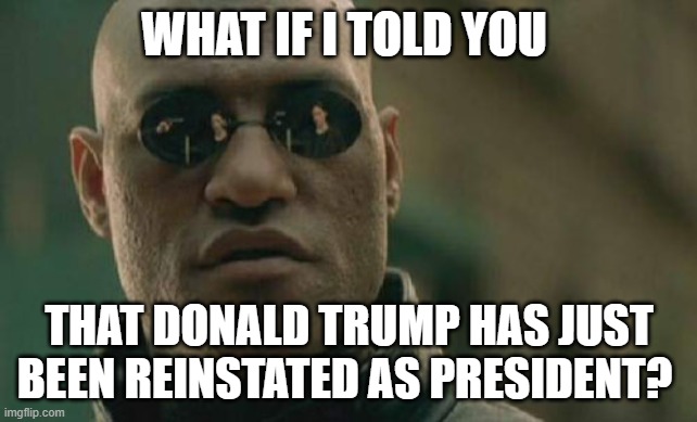 Matrix Morpheus | WHAT IF I TOLD YOU; THAT DONALD TRUMP HAS JUST BEEN REINSTATED AS PRESIDENT? | image tagged in memes,matrix morpheus | made w/ Imgflip meme maker