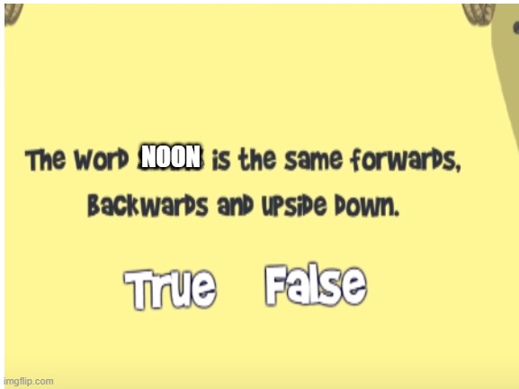 True or False? | NOON | image tagged in memes,funny memes,palindrome | made w/ Imgflip meme maker
