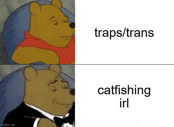 Tuxedo Winnie The Pooh | traps/trans; catfishing irl | image tagged in memes,tuxedo winnie the pooh | made w/ Imgflip meme maker