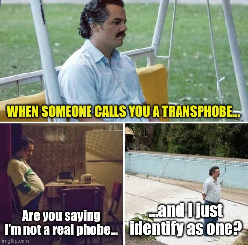 Sad Pablo Escobar Meme | WHEN SOMEONE CALLS YOU A TRANSPHOBE…; Are you saying I’m not a real phobe…; …and I just identify as one? | image tagged in memes,sad pablo escobar | made w/ Imgflip meme maker