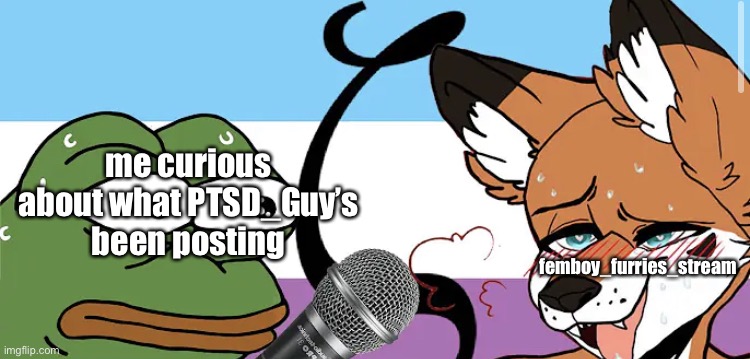 yes he posts in that | me curious about what PTSD_Guy’s been posting; femboy_furries_stream | image tagged in pepe interviews a zoophile | made w/ Imgflip meme maker