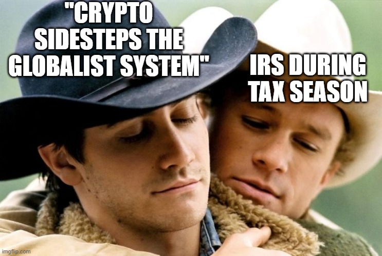BrokeBack Crypto | "CRYPTO SIDESTEPS THE GLOBALIST SYSTEM"; IRS DURING TAX SEASON | image tagged in brokeback mountain | made w/ Imgflip meme maker