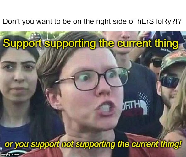 I'm not even on the right side of mystory | Don't you want to be on the right side of hErSToRy?!? Support supporting the current thing; or you support not supporting the current thing! | image tagged in triggered liberal | made w/ Imgflip meme maker