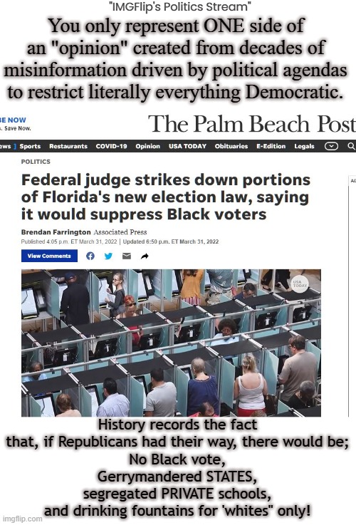 Federal Judge stops Florida from restricting Black voters | "IMGFlip's Politics Stream"; You only represent ONE side of an "opinion" created from decades of misinformation driven by political agendas to restrict literally everything Democratic. History records the fact that, if Republicans had their way, there would be;
No Black vote,
Gerrymandered STATES,
segregated PRIVATE schools,
and drinking fountains for 'whites" only! | image tagged in florida,voter restriction,desantis,republican,democracy,unconstitutional | made w/ Imgflip meme maker