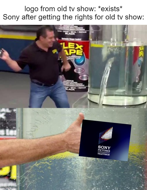 T.A.T. everyone? | logo from old tv show: *exists*

Sony after getting the rights for old tv show: | image tagged in flex tape,sony,memes,funny,logo | made w/ Imgflip meme maker