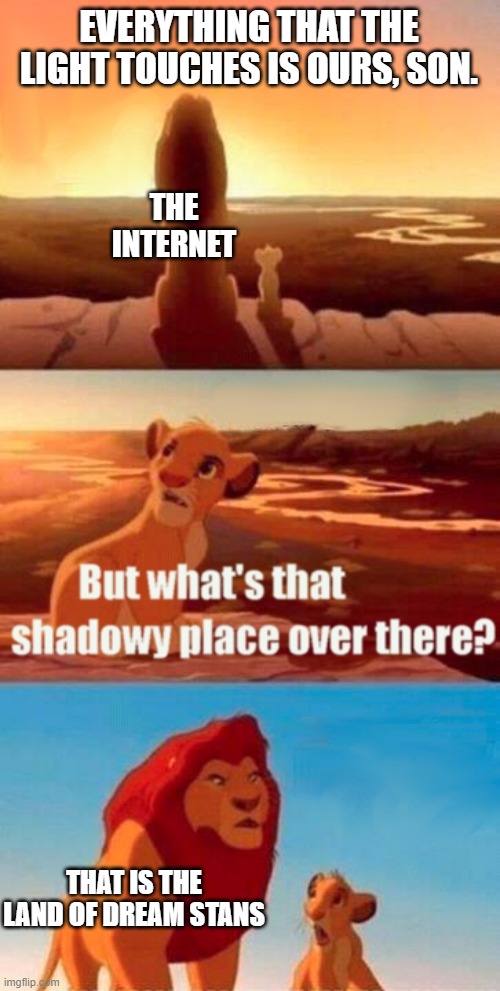 Simba Shadowy Place | EVERYTHING THAT THE LIGHT TOUCHES IS OURS, SON. THE INTERNET; THAT IS THE LAND OF DREAM STANS | image tagged in memes,simba shadowy place,dream stans,dream,simba,shadowy place | made w/ Imgflip meme maker