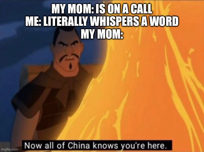 Y e s |  MY MOM: IS ON A CALL
ME: LITERALLY WHISPERS A WORD
MY MOM: | image tagged in now all of china knows you're here | made w/ Imgflip meme maker