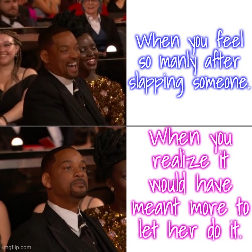 Would have liked to see that | When you feel so manly after slapping someone. When you realize it would have meant more to let her do it. | image tagged in will smith,empowerment | made w/ Imgflip meme maker