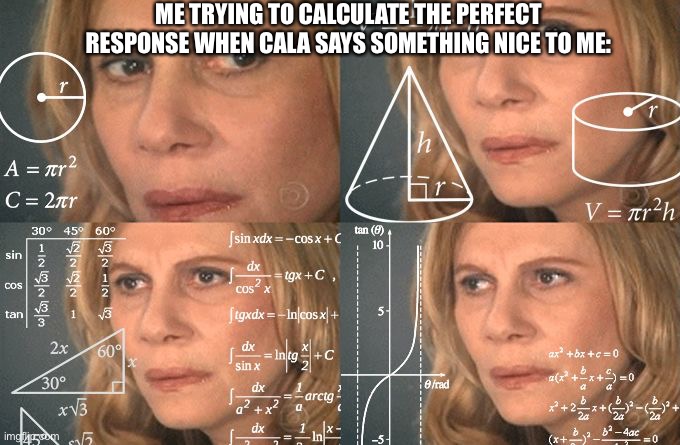 True story | ME TRYING TO CALCULATE THE PERFECT RESPONSE WHEN CALA SAYS SOMETHING NICE TO ME: | image tagged in calculating meme | made w/ Imgflip meme maker