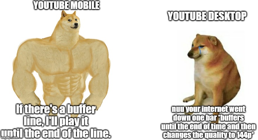 Buff Doge vs Crying Cheems | YOUTUBE MOBILE; YOUTUBE DESKTOP; If there's a buffer line, I'll play it until the end of the line. nuu your internet went down one bar *buffers until the end of time and then changes the quality to 144p* | image tagged in buff doge vs crying cheems,youtube,mobile | made w/ Imgflip meme maker