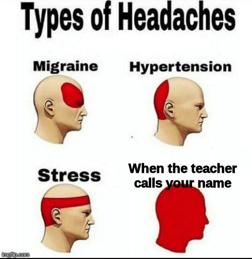 definitely not original | When the teacher calls your name | image tagged in types of headaches meme,memes,stress,aaa | made w/ Imgflip meme maker