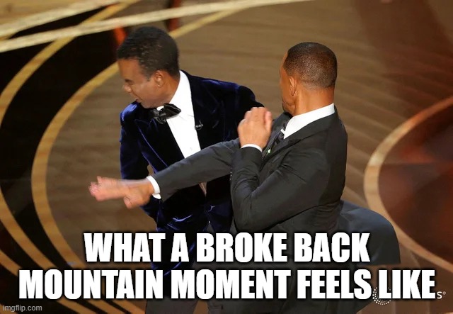 Will Smith, Chris Rock | WHAT A BROKE BACK MOUNTAIN MOMENT FEELS LIKE | image tagged in will smith punching chris rock,funny,broke back mountain | made w/ Imgflip meme maker