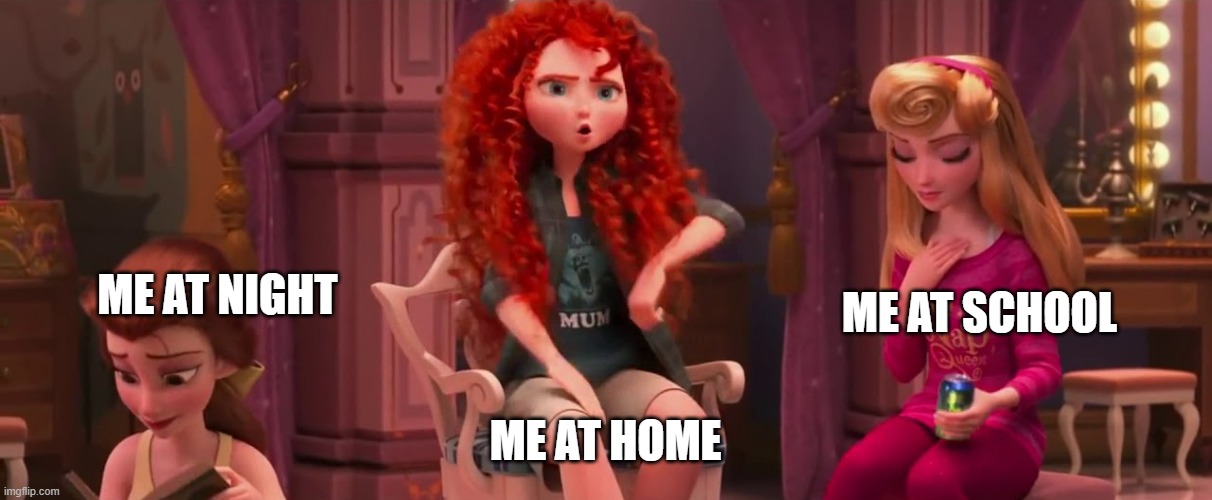 Merida Belle Aurora | ME AT NIGHT; ME AT SCHOOL; ME AT HOME | image tagged in merida belle aurora | made w/ Imgflip meme maker