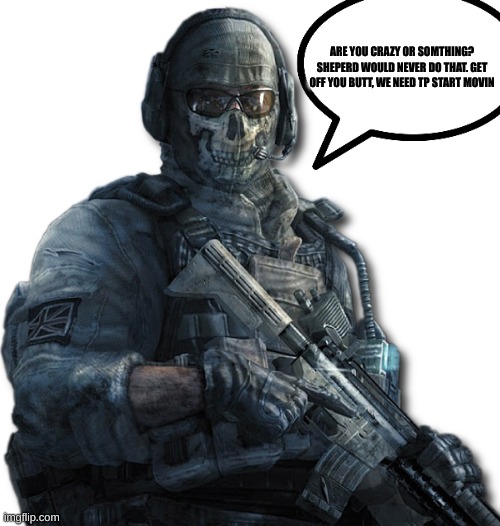 Ghost MW2 | ARE YOU CRAZY OR SOMTHING? SHEPERD WOULD NEVER DO THAT. GET OFF YOU BUTT, WE NEED TP START MOVIN | image tagged in ghost mw2 | made w/ Imgflip meme maker