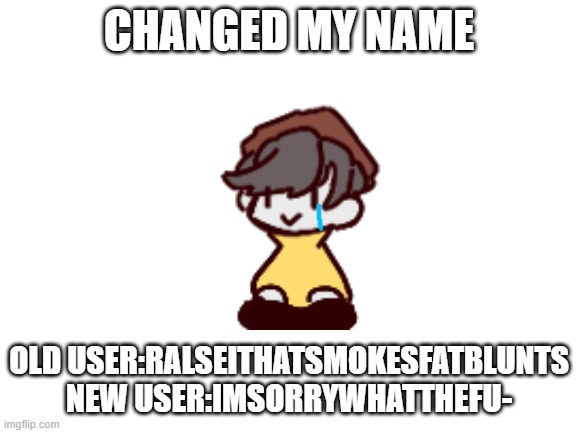 the new me | CHANGED MY NAME; OLD USER:RALSEITHATSMOKESFATBLUNTS
NEW USER:IMSORRYWHATTHEFU- | image tagged in blank white template | made w/ Imgflip meme maker