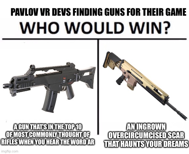 Pavlov Vr guns are like | PAVLOV VR DEVS FINDING GUNS FOR THEIR GAME; AN INGROWN OVERCIRCUMCISED SCAR THAT HAUNTS YOUR DREAMS; A GUN THAT’S IN THE TOP 10 OF MOST COMMONLY THOUGHT OF RIFLES WHEN YOU HEAR THE WORD AR | image tagged in memes,gaming,pavlov vr user understand,pavlov,vr,guns | made w/ Imgflip meme maker