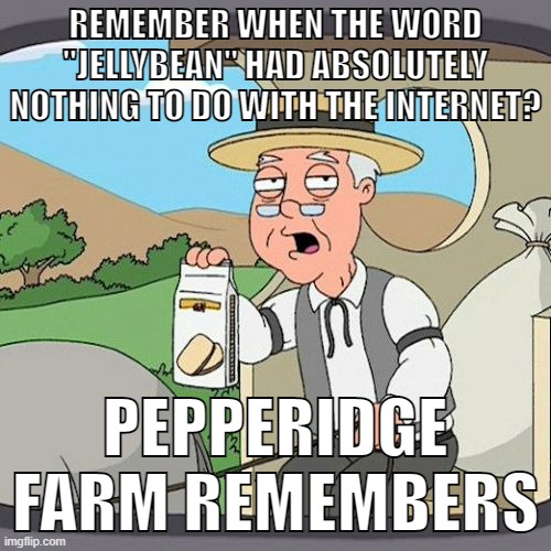 mid |  REMEMBER WHEN THE WORD "JELLYBEAN" HAD ABSOLUTELY NOTHING TO DO WITH THE INTERNET? PEPPERIDGE FARM REMEMBERS | image tagged in memes,pepperidge farm remembers,jellybean,candy,youtube | made w/ Imgflip meme maker