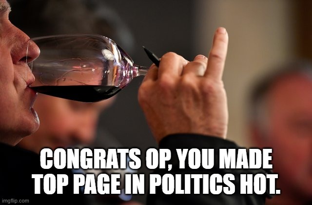 Drinks wine | CONGRATS OP, YOU MADE TOP PAGE IN POLITICS HOT. | image tagged in drinks wine | made w/ Imgflip meme maker