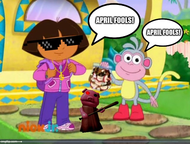 Dora & Boots Seeing 2D Gurty On April Fools Day | APRIL FOOLS! APRIL FOOLS! | image tagged in dora boots packed up,dora the explorer,roblox piggy,piggy,granny,april fools | made w/ Imgflip meme maker