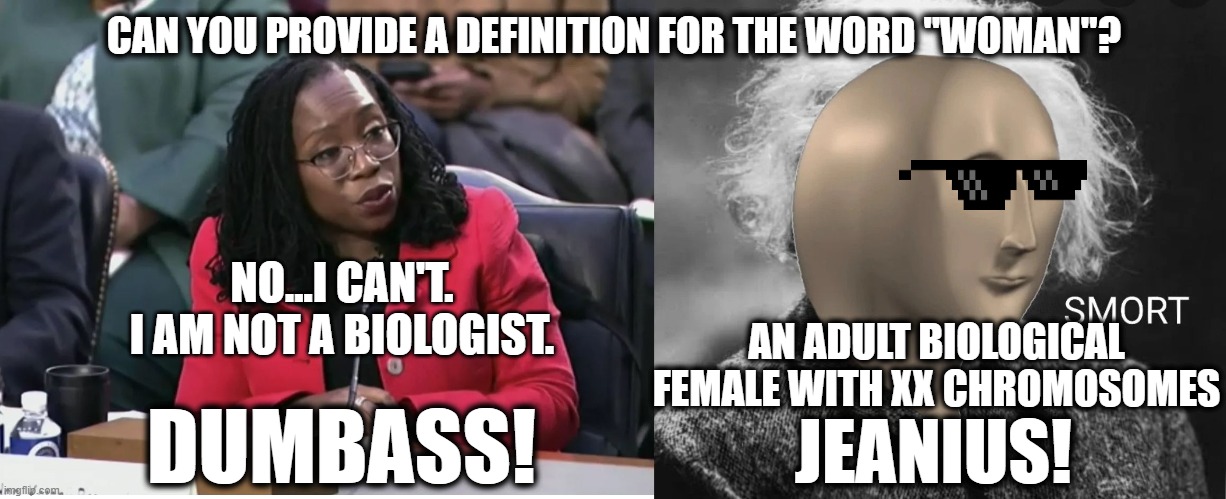 Genius Smort | CAN YOU PROVIDE A DEFINITION FOR THE WORD "WOMAN"? NO...I CAN'T. I AM NOT A BIOLOGIST. AN ADULT BIOLOGICAL FEMALE WITH XX CHROMOSOMES; DUMBASS! JEANIUS! | image tagged in biology,memes,funny,gender identity,political meme,smort | made w/ Imgflip meme maker