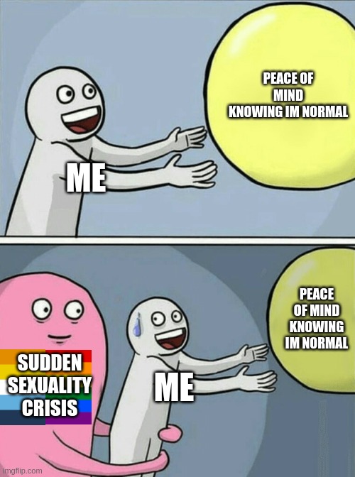 uh oh im gay | PEACE OF MIND KNOWING IM NORMAL; ME; PEACE OF MIND KNOWING IM NORMAL; SUDDEN SEXUALITY CRISIS; ME | image tagged in memes,running away balloon,sexuality | made w/ Imgflip meme maker