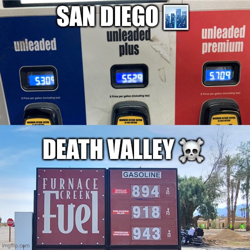 Deadly gas prices | SAN DIEGO 🏙; DEATH VALLEY ☠️ | image tagged in gas,san diego,desert | made w/ Imgflip meme maker