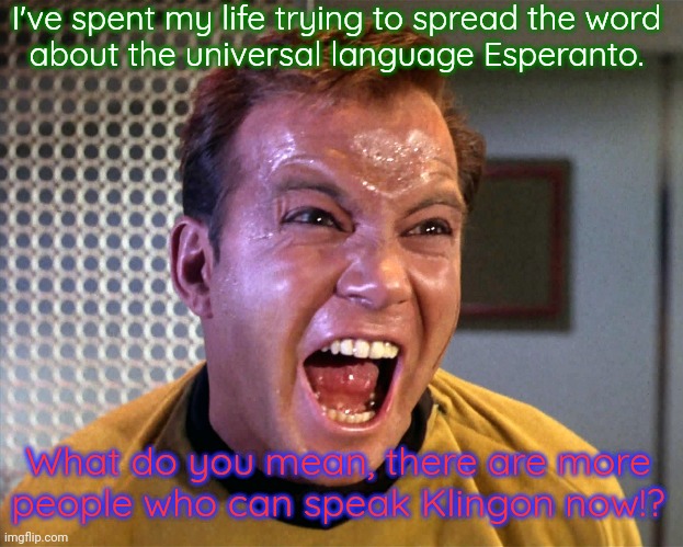 Shatner's lament |  I've spent my life trying to spread the word
about the universal language Esperanto. What do you mean, there are more
people who can speak Klingon now!? | image tagged in kirk's clone screaming i want to live,ah i see you are a man of culture as well | made w/ Imgflip meme maker