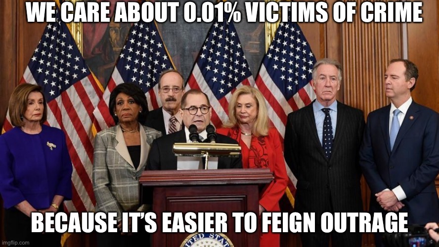 Victims | WE CARE ABOUT 0.01% VICTIMS OF CRIME; BECAUSE IT’S EASIER TO FEIGN OUTRAGE | image tagged in house democrats | made w/ Imgflip meme maker