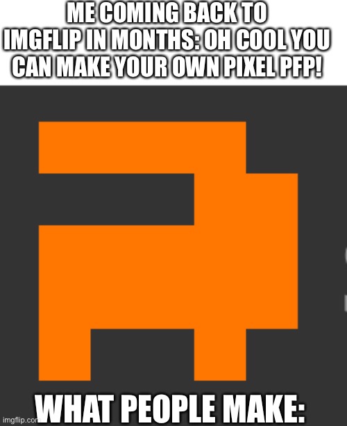 Why, just why. | ME COMING BACK TO IMGFLIP IN MONTHS: OH COOL YOU CAN MAKE YOUR OWN PIXEL PFP! WHAT PEOPLE MAKE: | image tagged in sus,among us,imgflip,imgflip users | made w/ Imgflip meme maker