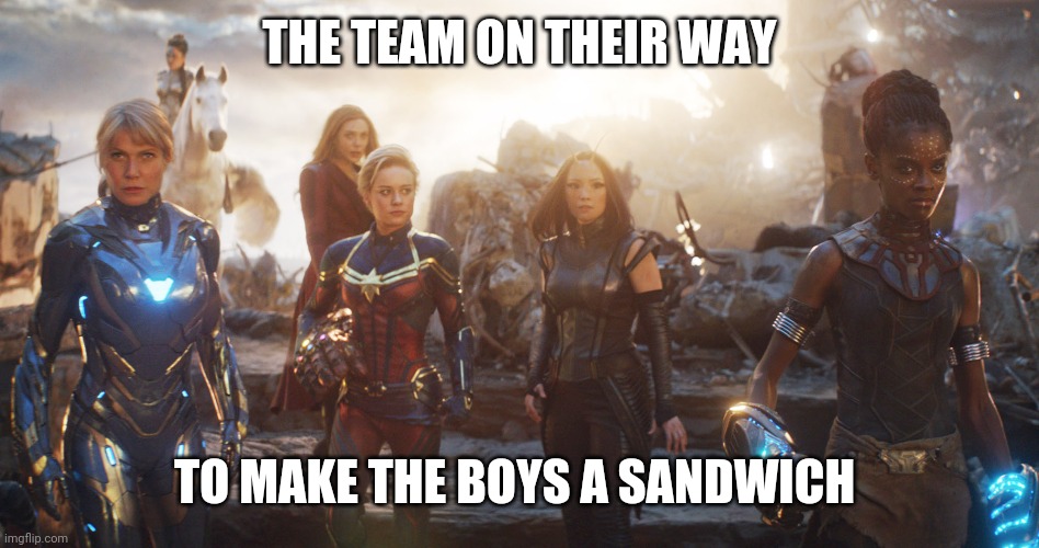 Avengers Make a Sandwich |  THE TEAM ON THEIR WAY; TO MAKE THE BOYS A SANDWICH | image tagged in make me a sandwich,avengers,obvious troll | made w/ Imgflip meme maker