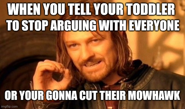 Toddler | WHEN YOU TELL YOUR TODDLER; TO STOP ARGUING WITH EVERYONE; OR YOUR GONNA CUT THEIR MOWHAWK | image tagged in memes,one does not simply | made w/ Imgflip meme maker