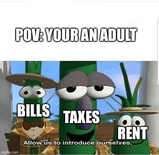 Allow us to introduce ourselves | POV: YOUR AN ADULT; BILLS; TAXES; RENT | image tagged in allow us to introduce ourselves | made w/ Imgflip meme maker