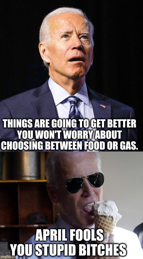Bread or Circus | THINGS ARE GOING TO GET BETTER
YOU WON'T WORRY ABOUT CHOOSING BETWEEN FOOD OR GAS. APRIL FOOLS
YOU STUPID BITCHES | image tagged in joe biden,joe biden ice cream | made w/ Imgflip meme maker
