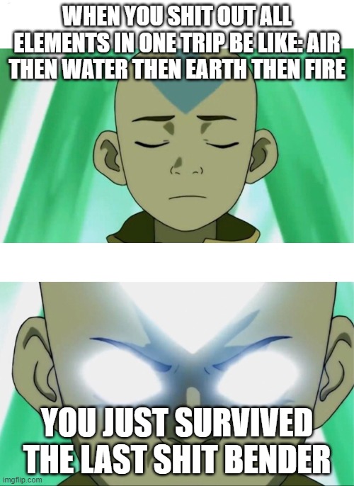 fart, wet shit, rock hard, hot shits | WHEN YOU SHIT OUT ALL ELEMENTS IN ONE TRIP BE LIKE: AIR THEN WATER THEN EARTH THEN FIRE; YOU JUST SURVIVED THE LAST SHIT BENDER | image tagged in aang going avatar state | made w/ Imgflip meme maker