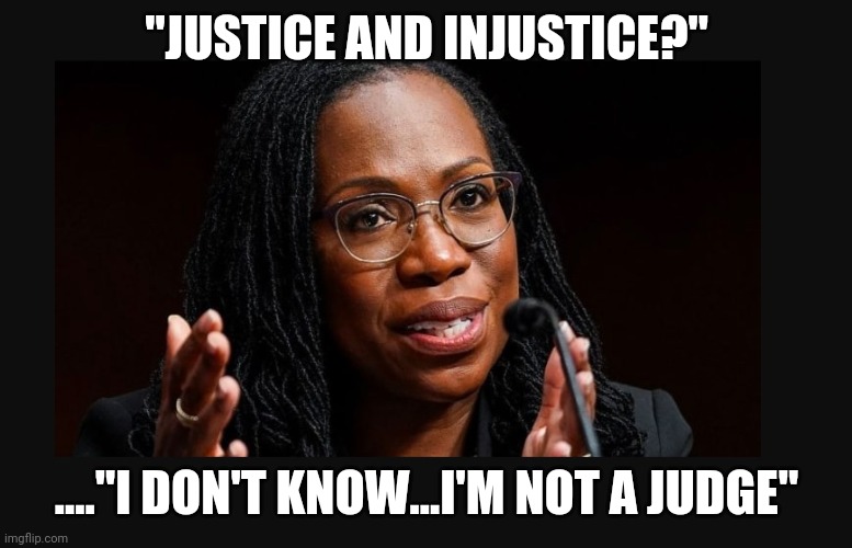 Judge Jackson | "JUSTICE AND INJUSTICE?"; ...."I DON'T KNOW...I'M NOT A JUDGE" | image tagged in judge jackson | made w/ Imgflip meme maker