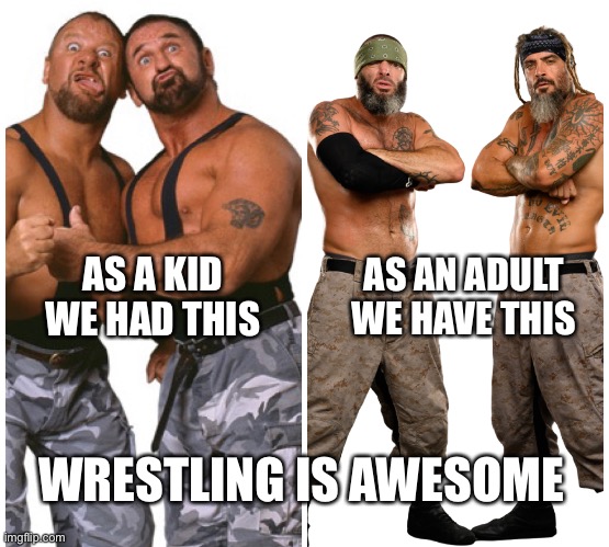 Wrestling |  AS AN ADULT WE HAVE THIS; AS A KID WE HAD THIS; WRESTLING IS AWESOME | image tagged in wrestling,pro wrestling,briscoes,bushwackers,wwe,roh | made w/ Imgflip meme maker