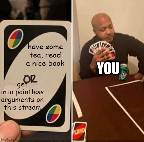 like dude. read a bOoOk | have some tea, read a nice book; get into pointless arguments on this stream; YOU | image tagged in __ or __ | made w/ Imgflip meme maker