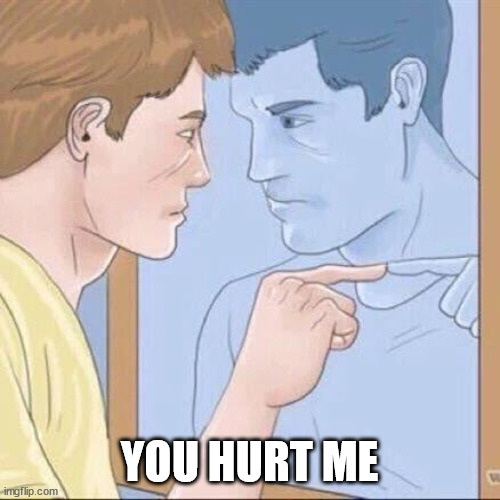 Pointing mirror guy | YOU HURT ME | image tagged in pointing mirror guy | made w/ Imgflip meme maker